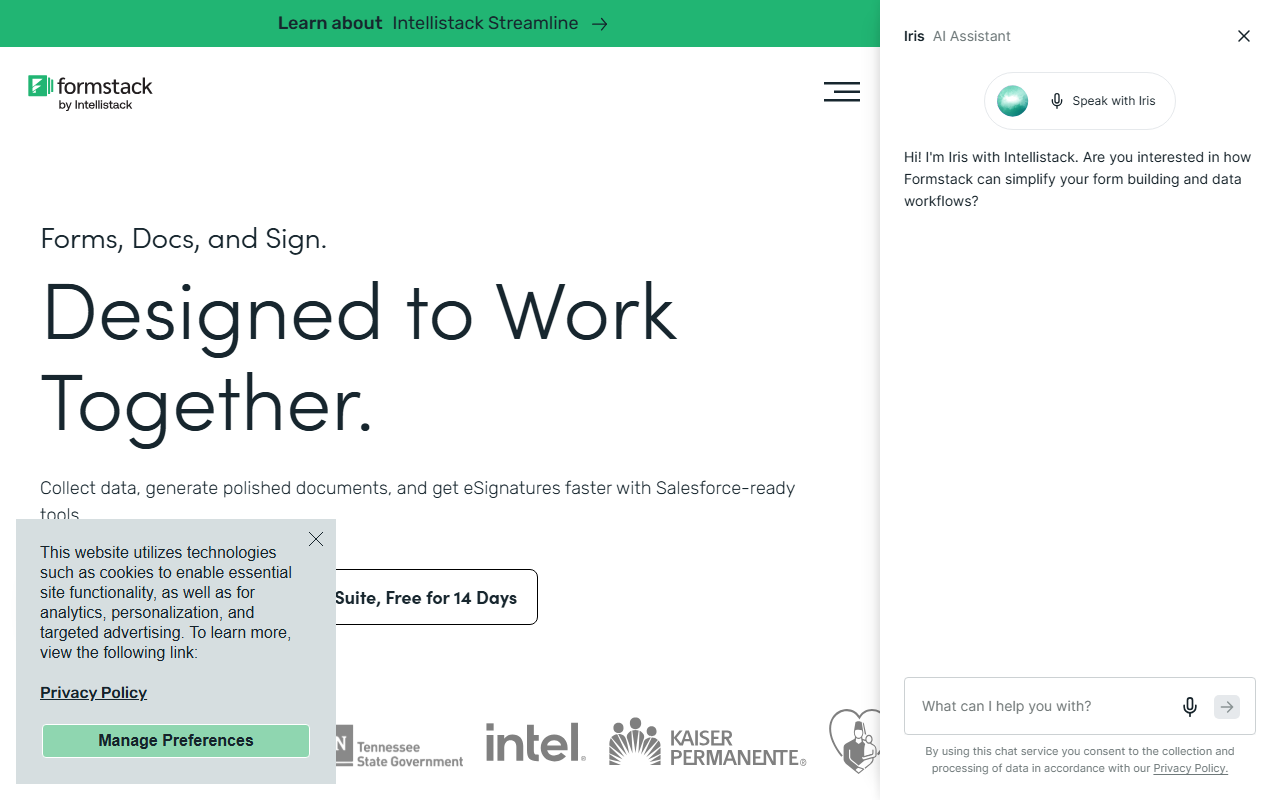 Formstack homepage for workplace productivity platform