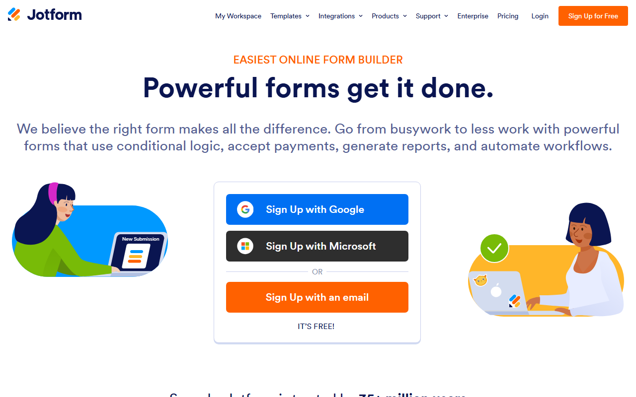 Jotform homepage showing form builder marketing and template gallery