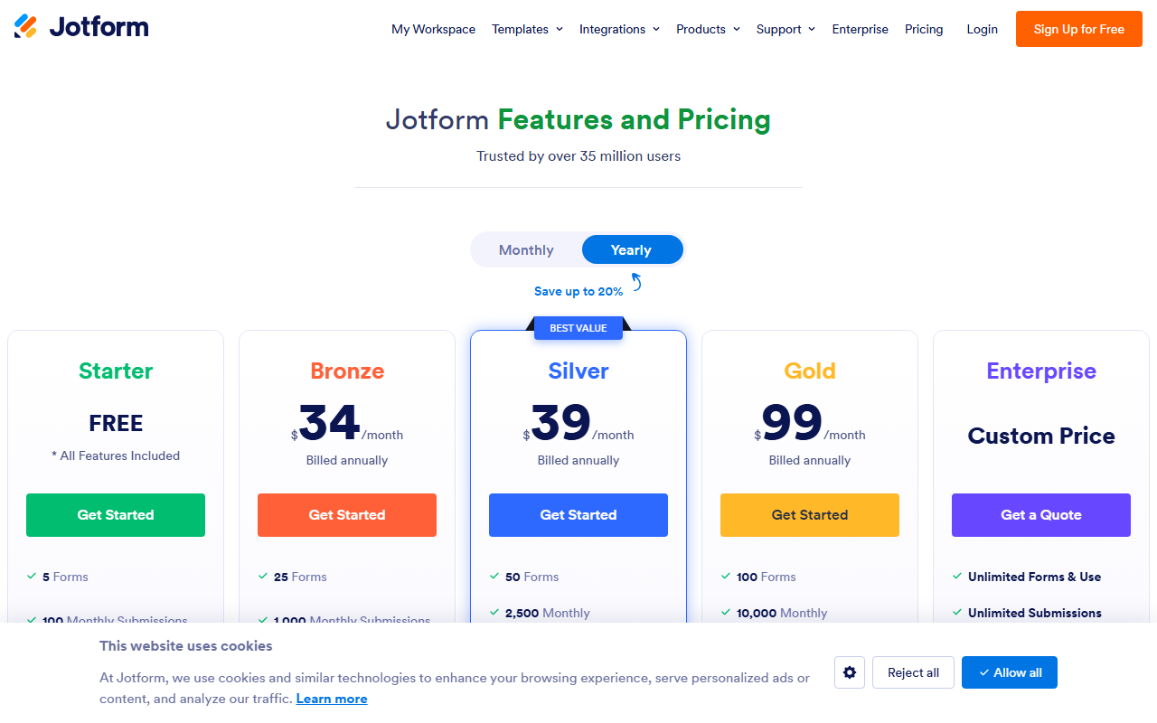 Jotform pricing tiers for free through enterprise plans