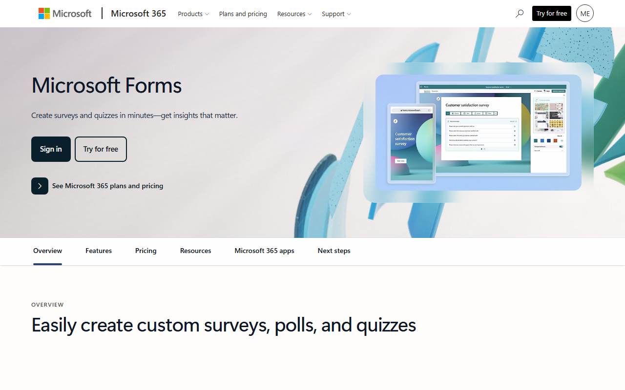Microsoft Forms marketing page for surveys and polls