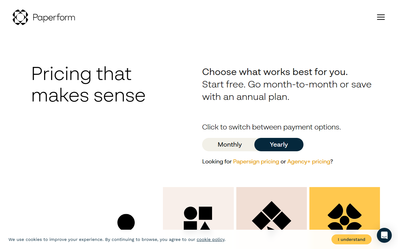 Paperform pricing for Essentials, Pro, and Business