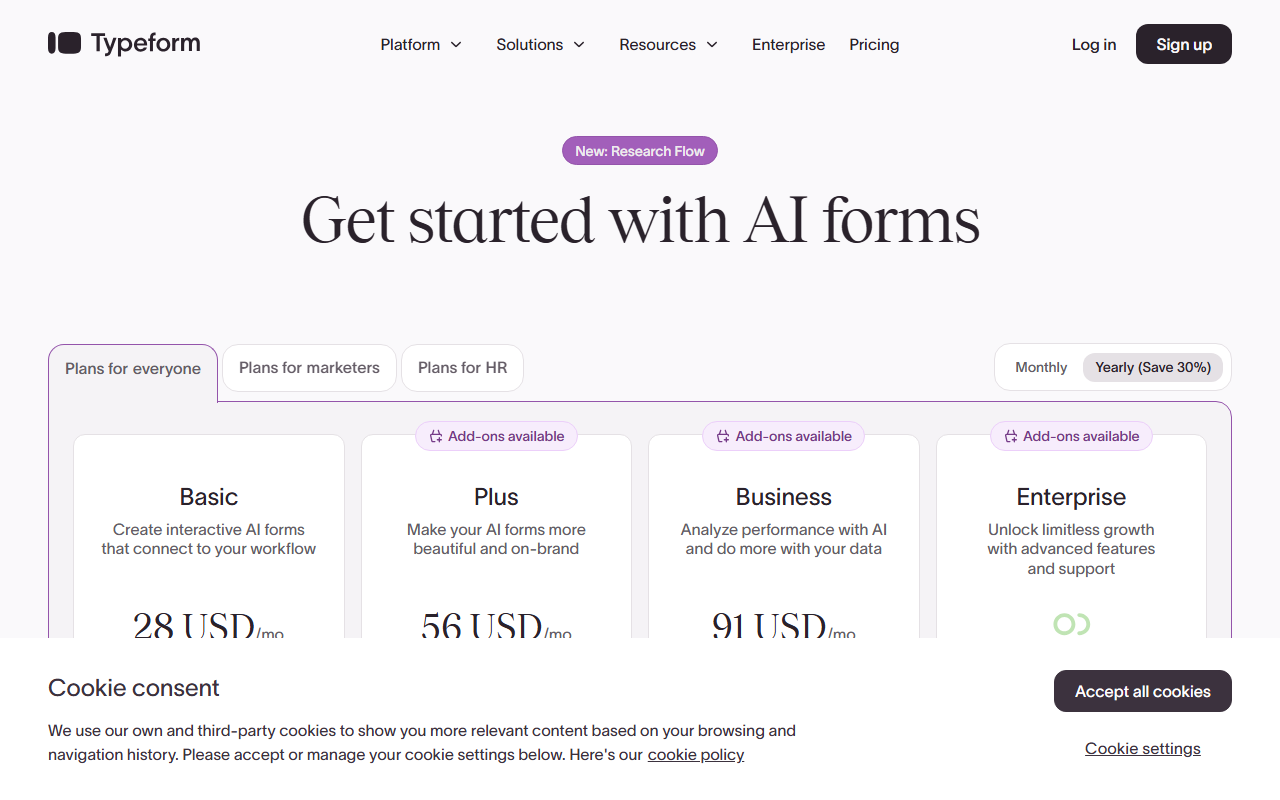 Typeform pricing for Basic, Plus, and Business tiers