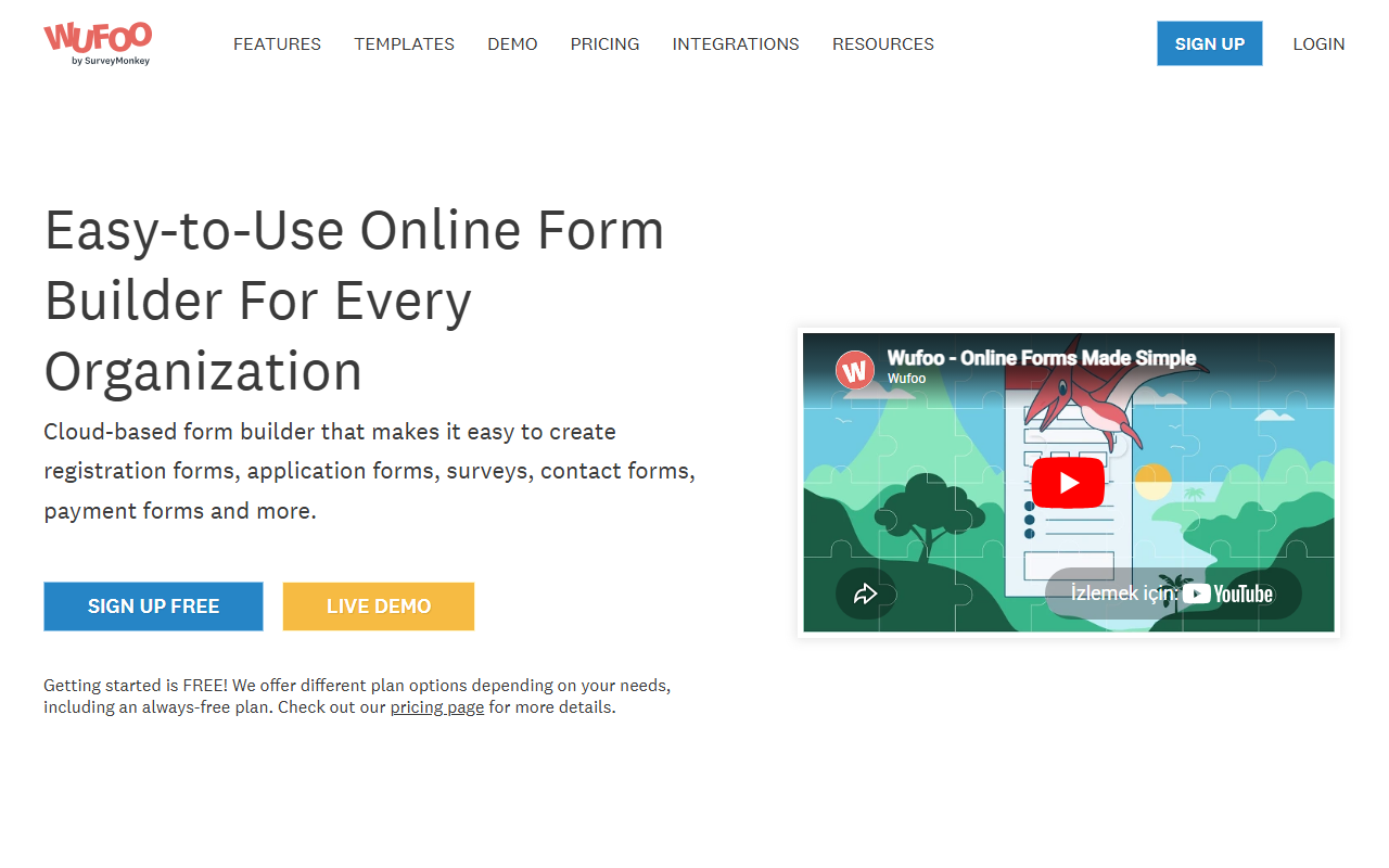 Wufoo homepage for online form builder