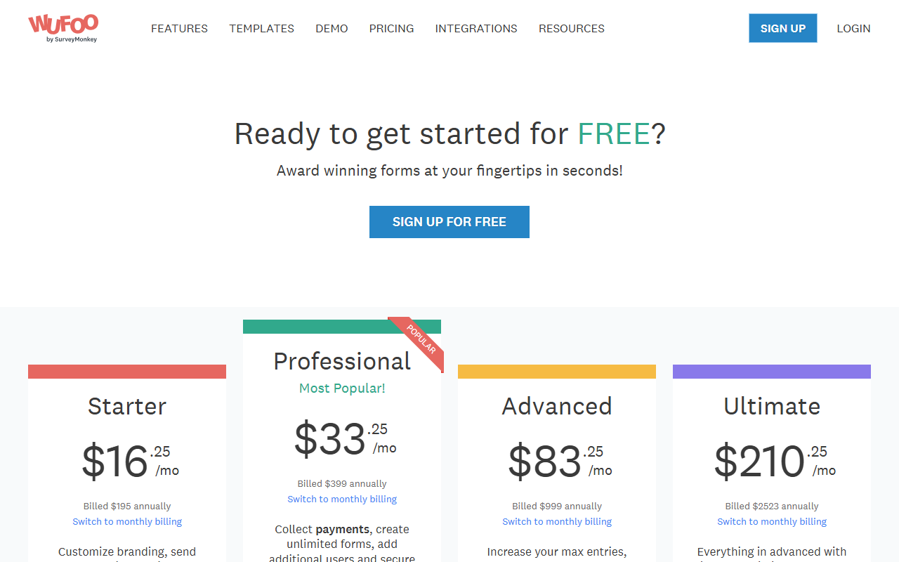 Wufoo pricing for Starter, Professional, and Advanced