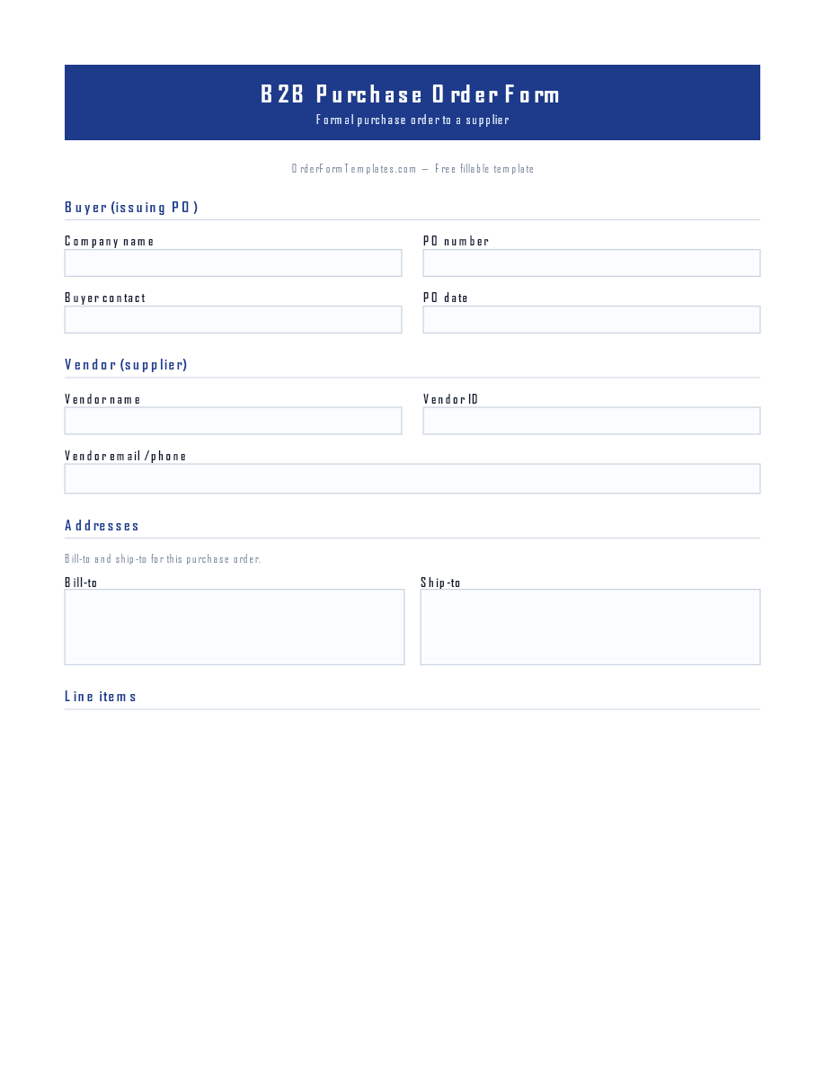 Preview of B2B Purchase Order Form Template (PDF/DOCX)
