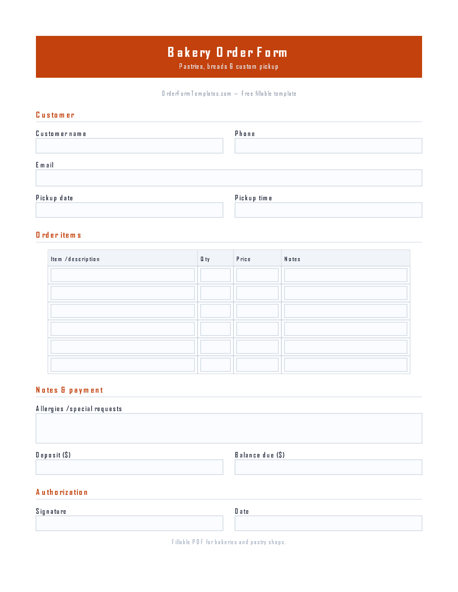 Preview of Bakery Order Form Template (PDF/DOCX)