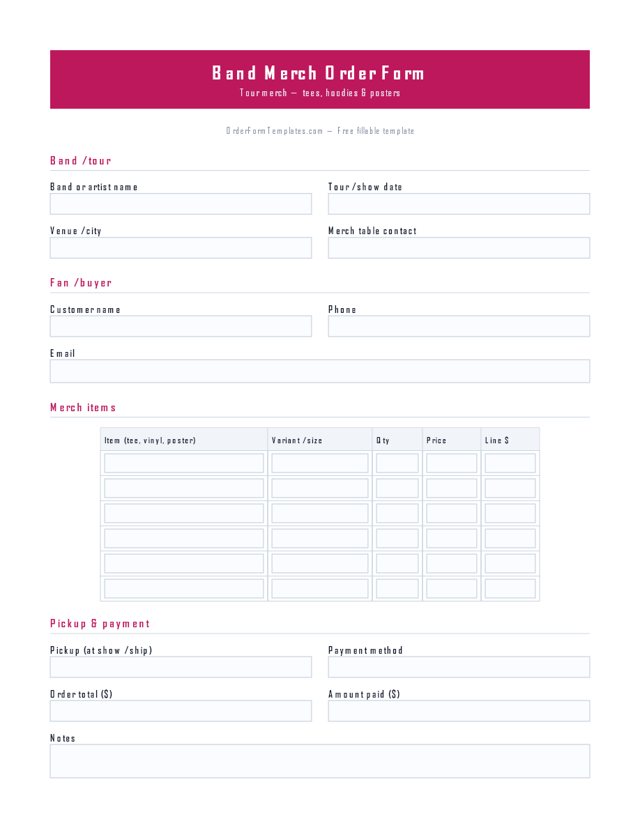 Preview of Band Merch Order Form Template (PDF/DOCX)