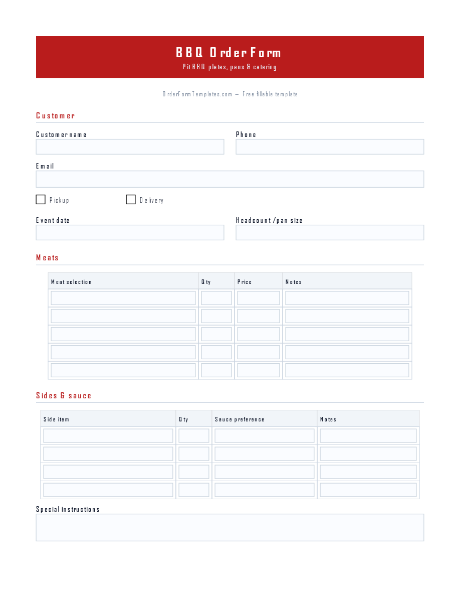 Preview of BBQ Order Form Template (PDF/DOCX)