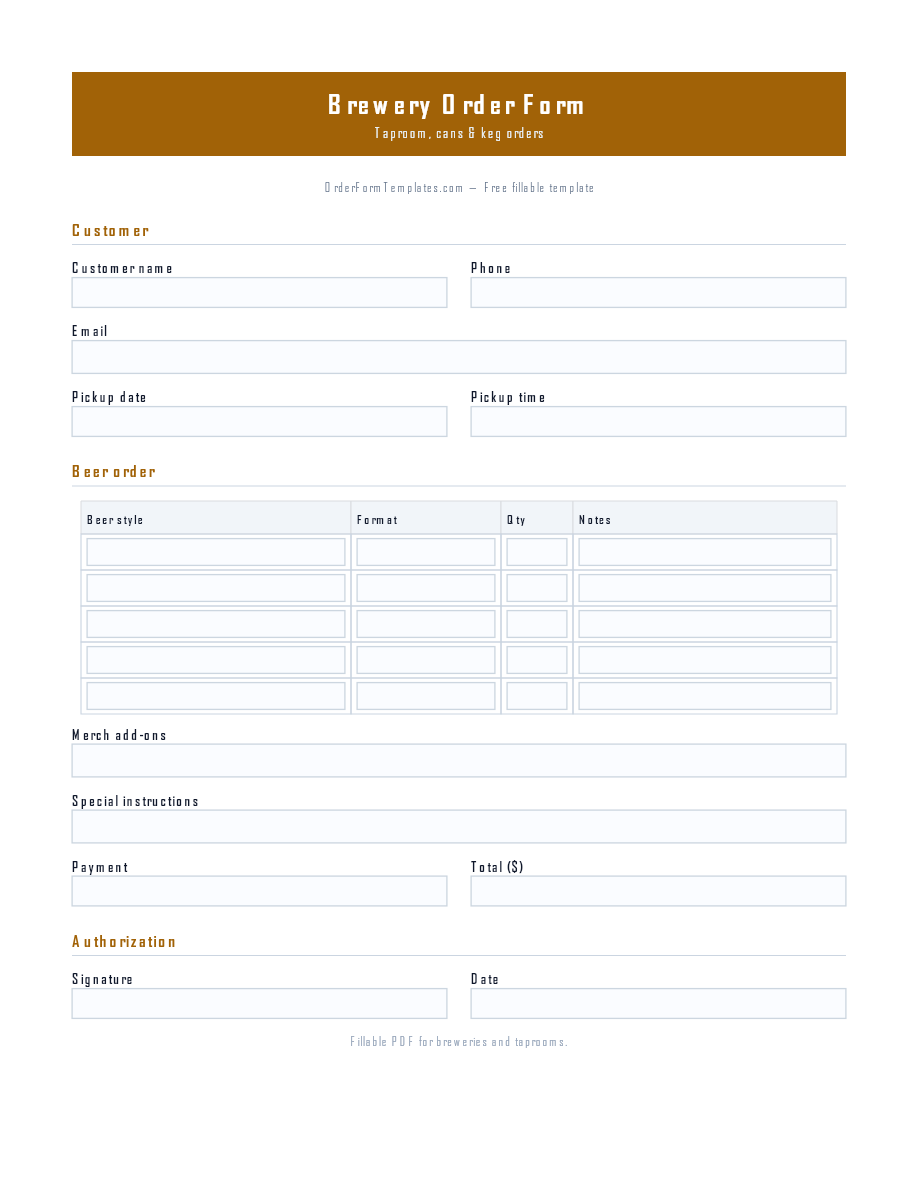 Preview of Brewery Order Form Template (PDF/DOCX)