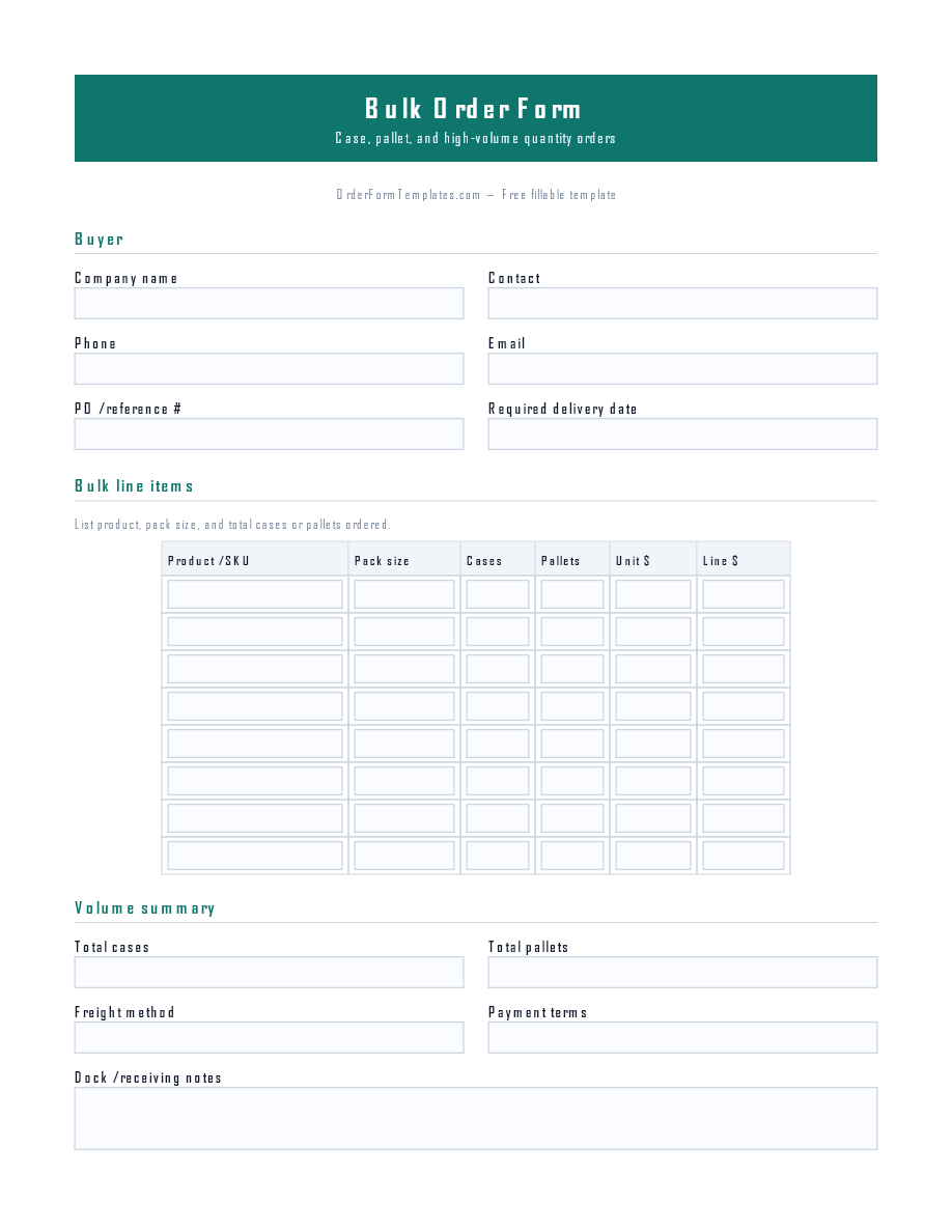 Preview of Bulk Order Form Template (PDF/DOCX)