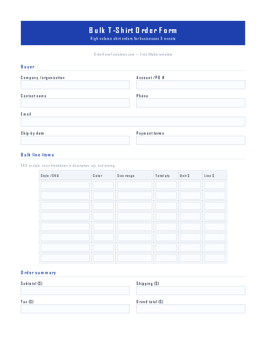 Preview of Bulk T-Shirt Order Form Template (PDF/DOCX)