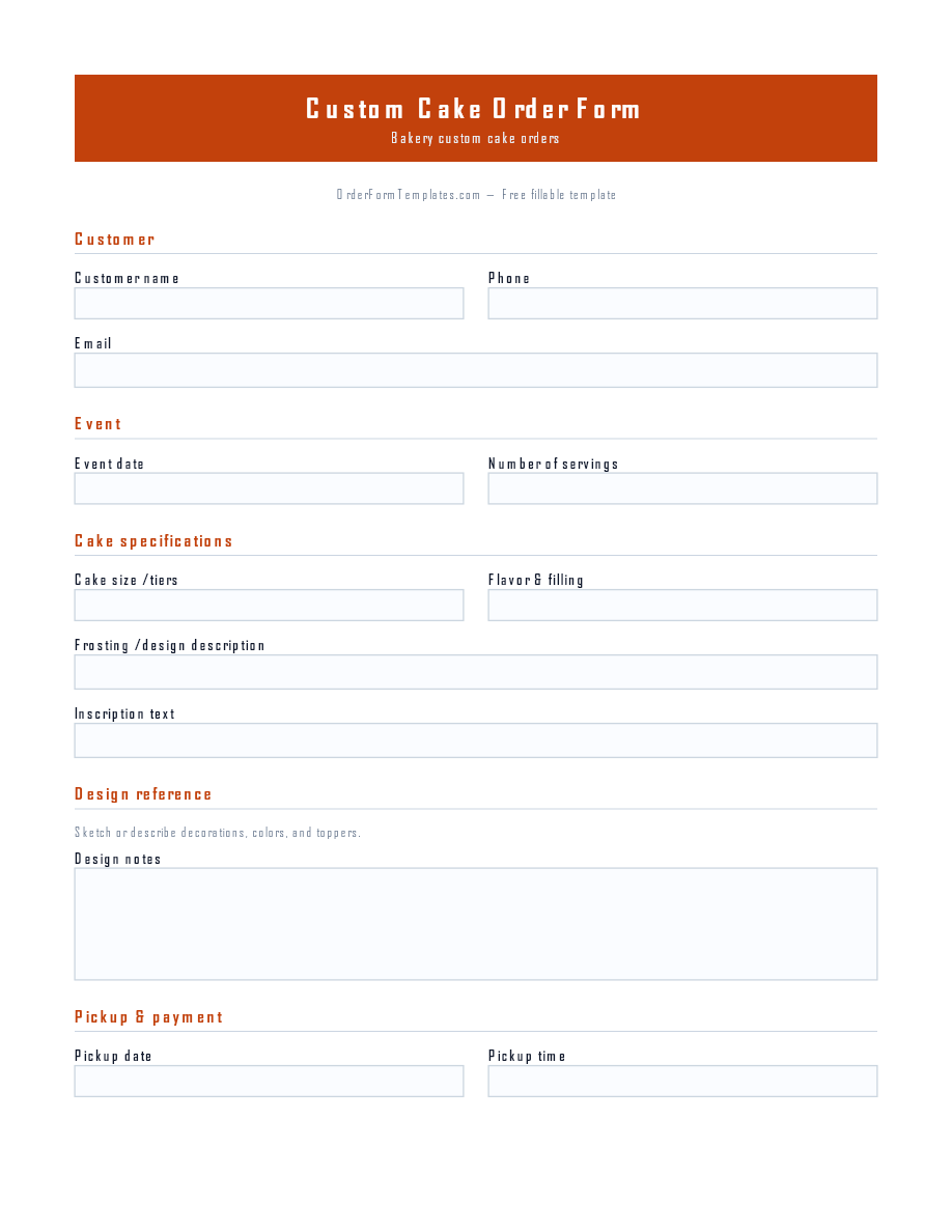 Preview of Cake Order Form Template (PDF/DOCX)