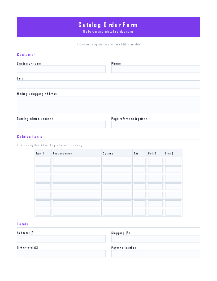 Preview of Catalog Order Form Template (PDF/DOCX)