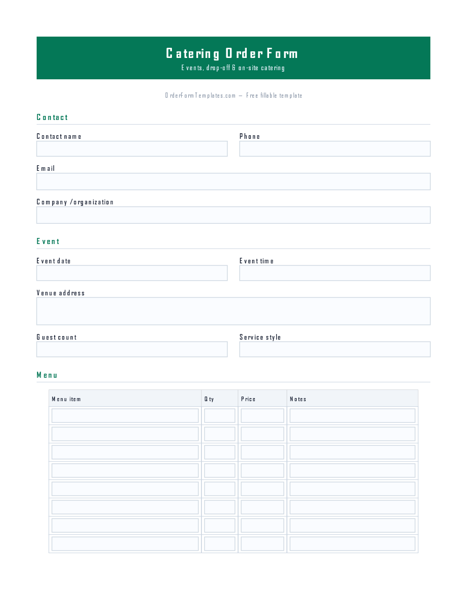 Preview of Catering Order Form Template (PDF/DOCX)