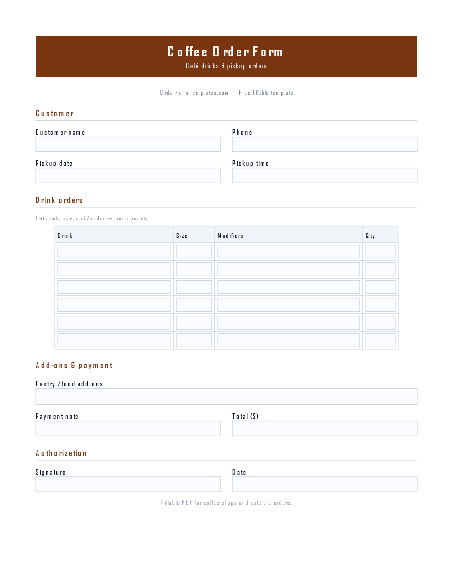 Preview of Coffee Order Form Template (PDF/DOCX)
