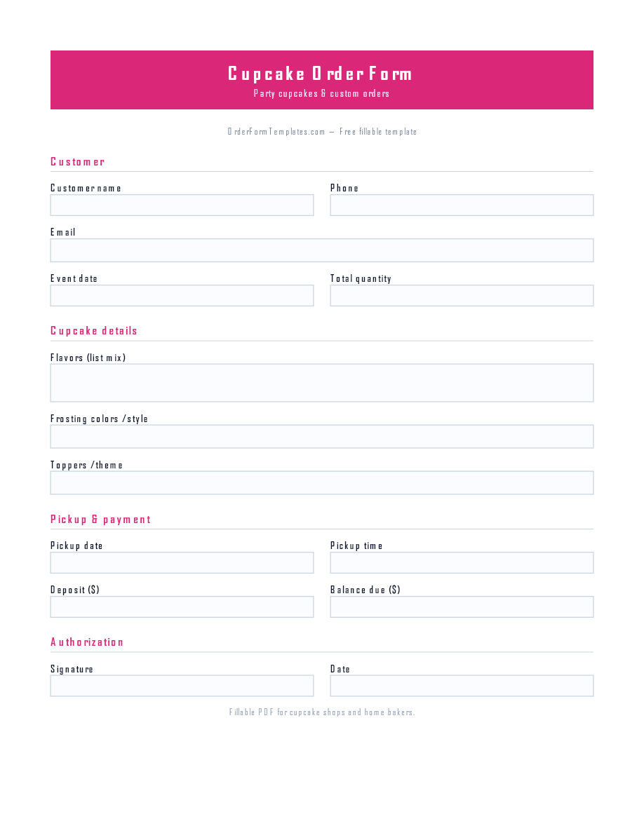 Preview of Cupcake Order Form Template (PDF/DOCX)