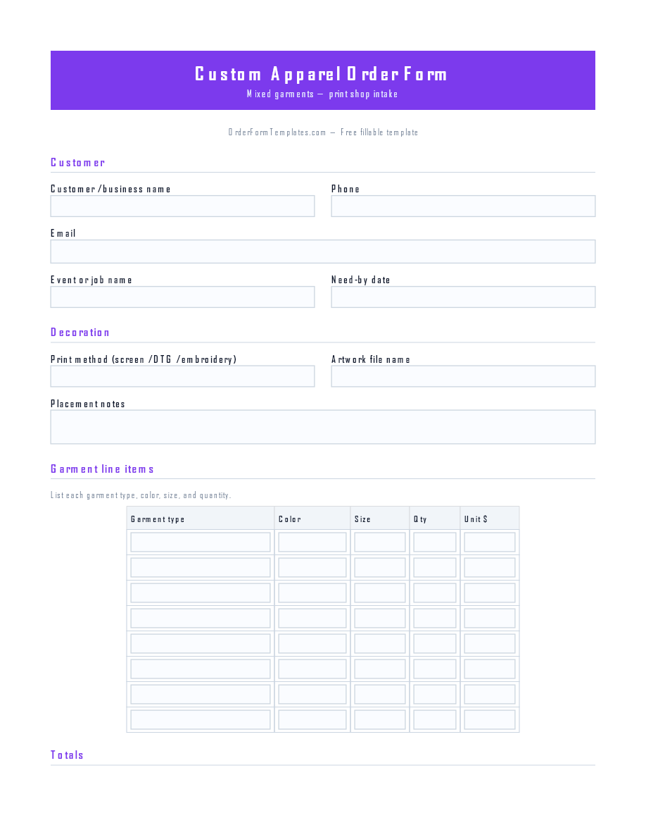 Preview of Custom Apparel Order Form Template (PDF/DOCX)