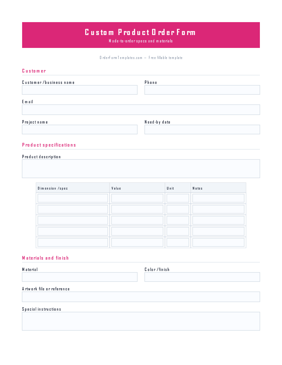 Preview of Custom Product Order Form Template (PDF/DOCX)