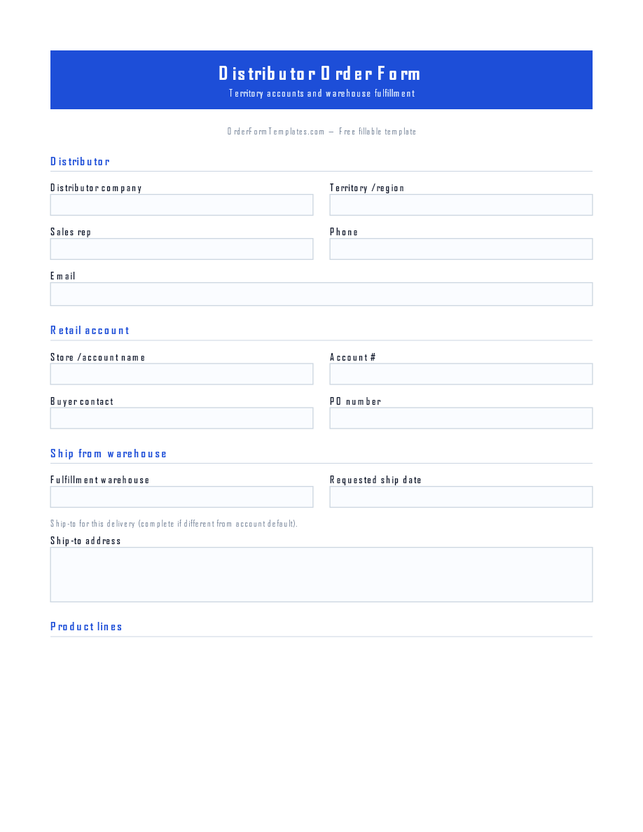 Preview of Distributor Order Form Template (PDF/DOCX)