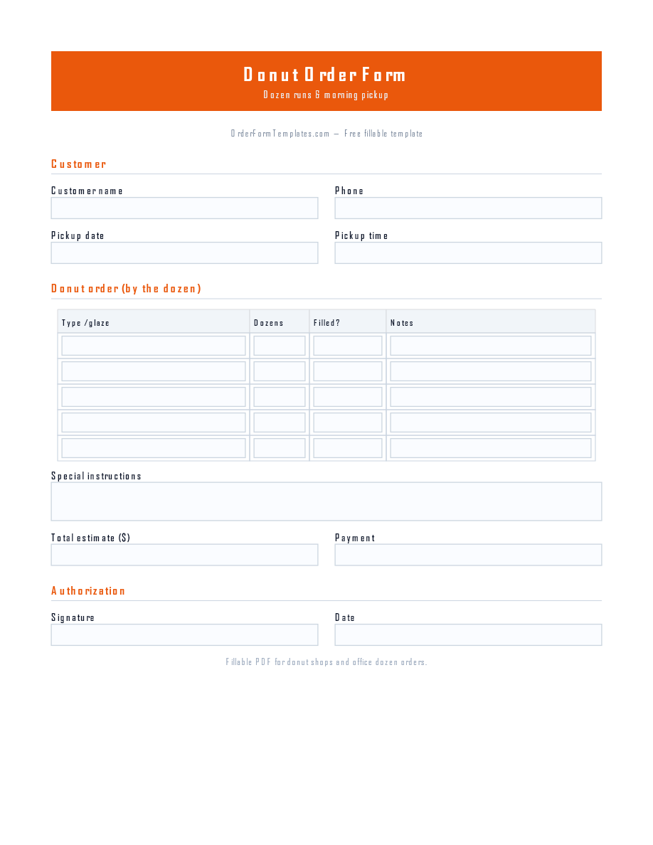 Preview of Donut Order Form Template (PDF/DOCX)