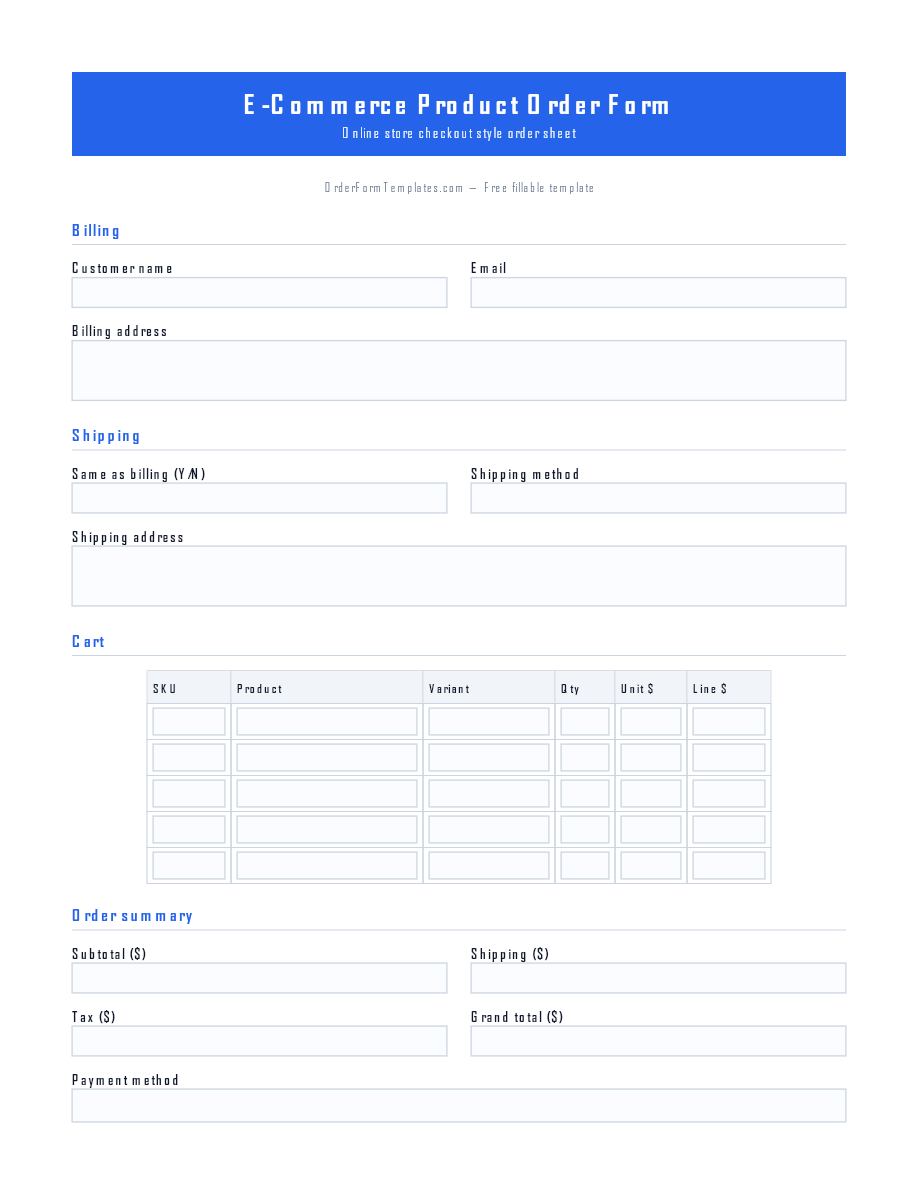 Preview of E-Commerce Product Order Form Template (PDF/DOCX)