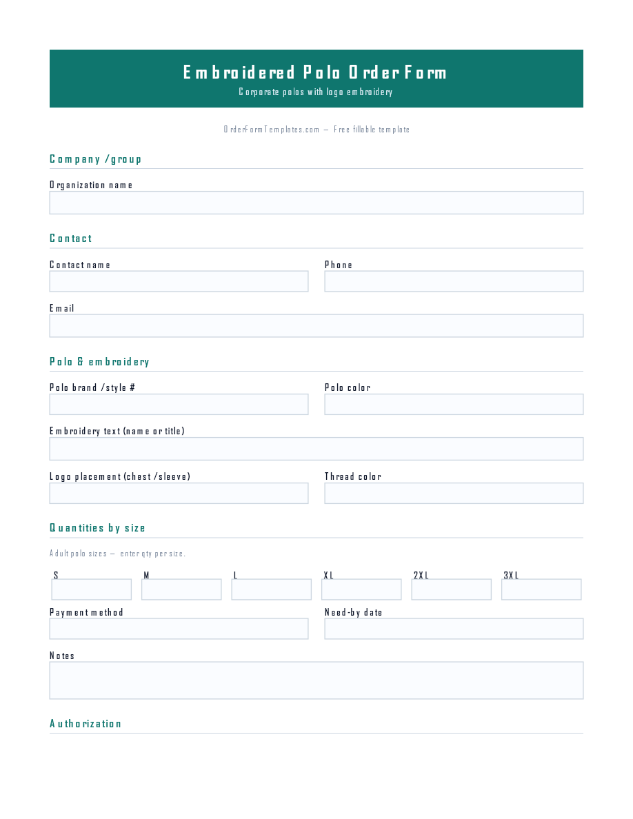 Preview of Embroidered Polo Order Form Template (PDF/DOCX)