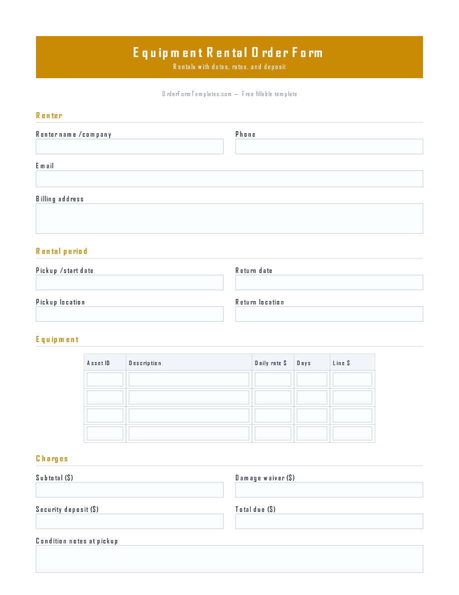 Preview of Equipment Rental Order Form Template (PDF/DOCX)