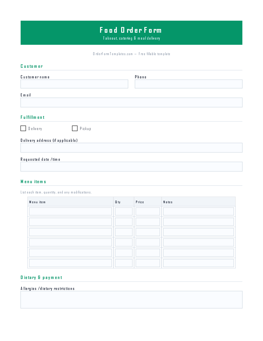 Preview of Food Order Form Template (PDF/DOCX)