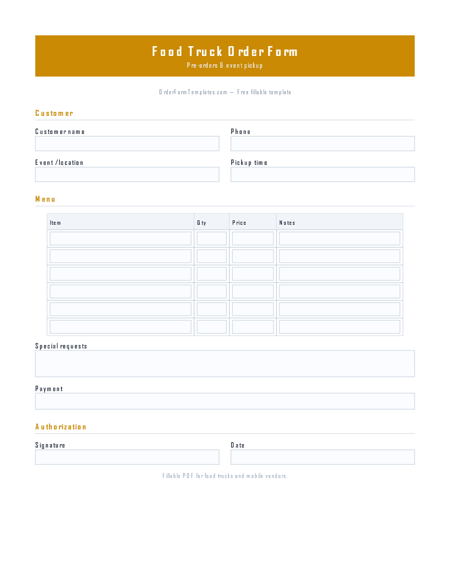 Preview of Food Truck Order Form Template (PDF/DOCX)