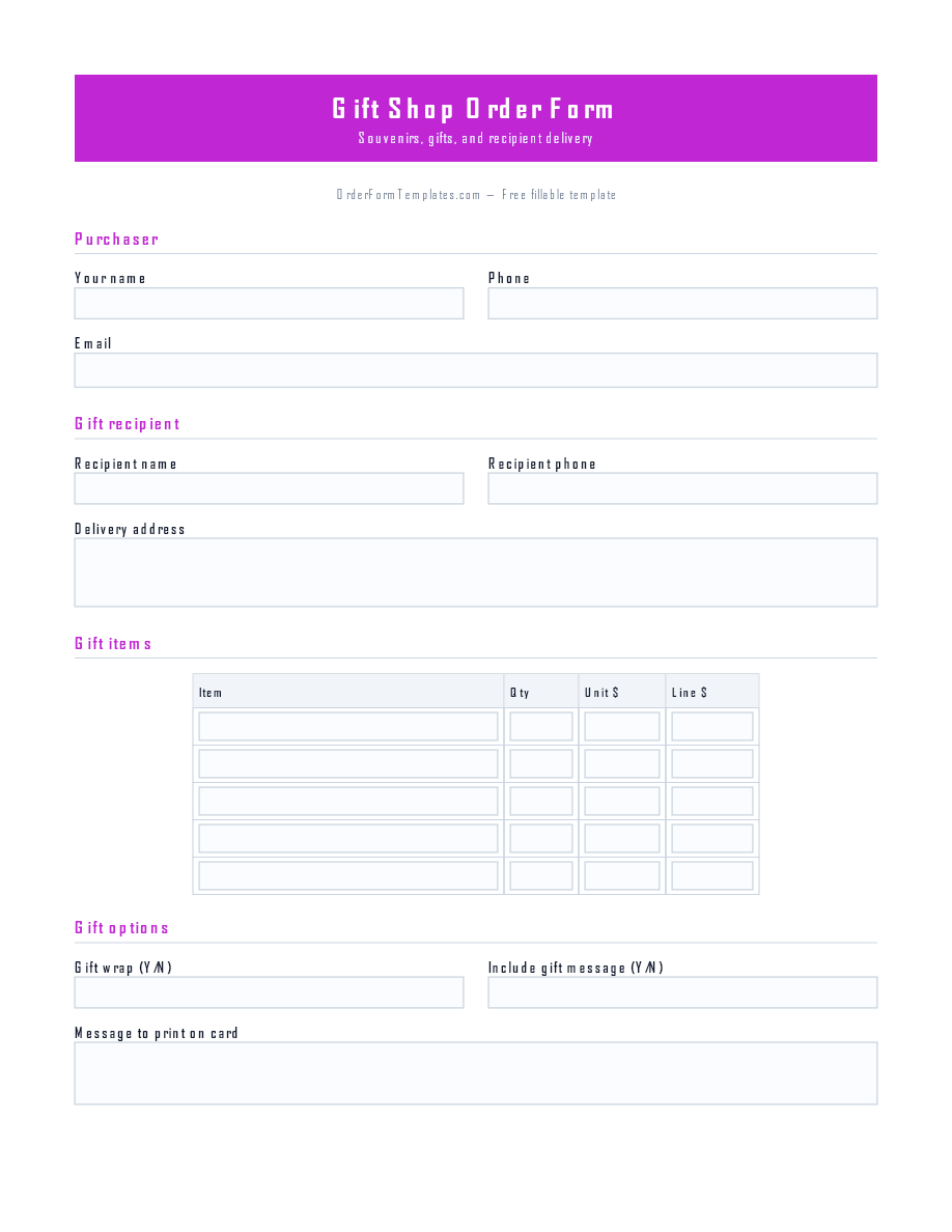 Preview of Gift Shop Order Form Template (PDF/DOCX)