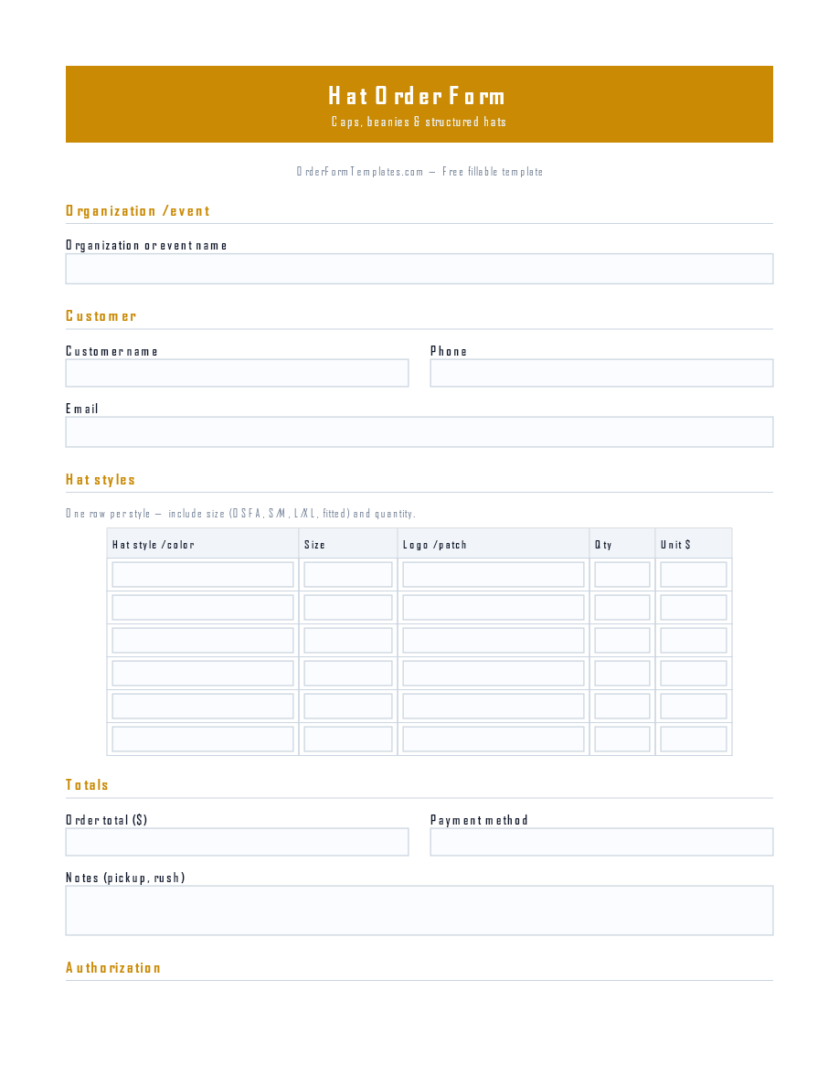 Preview of Hat Order Form Template (PDF/DOCX)