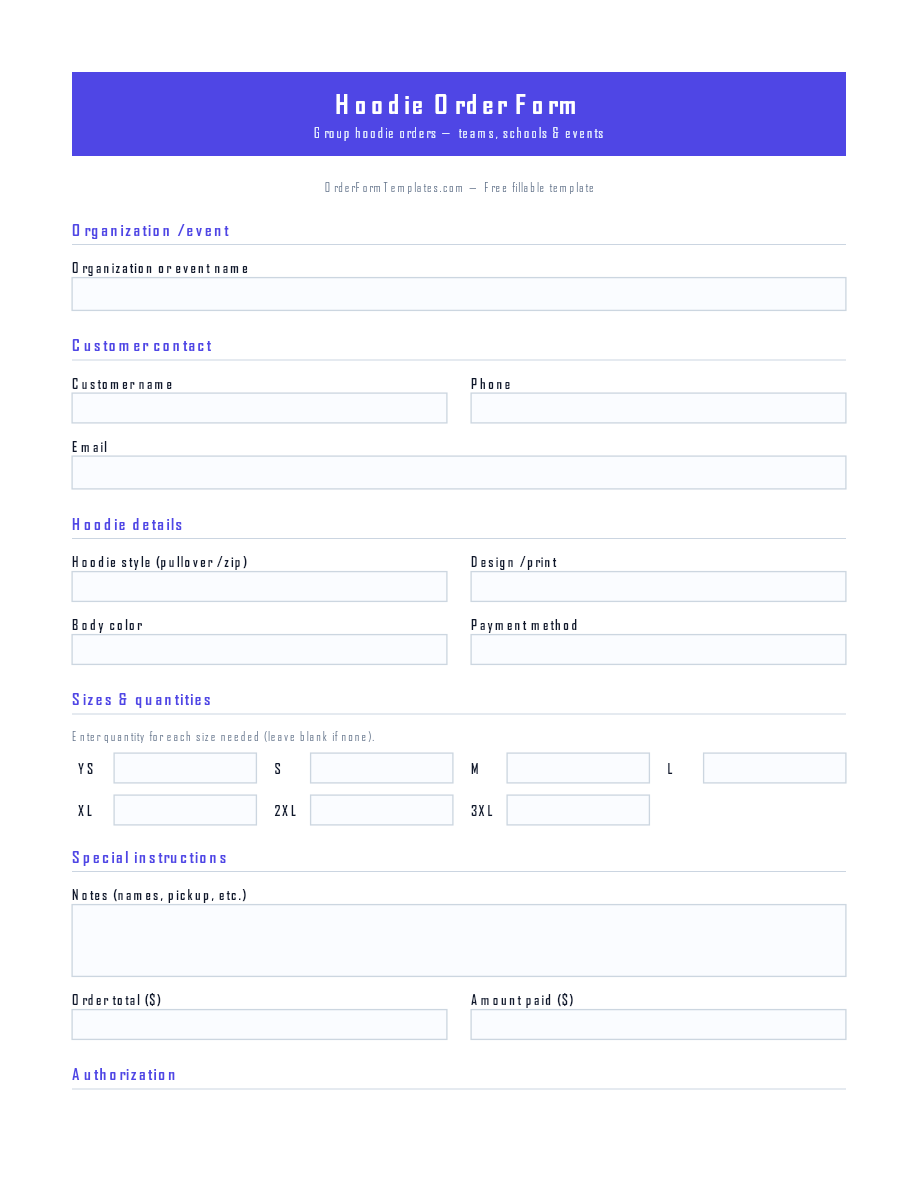 Preview of Hoodie Order Form Template (PDF/DOCX)