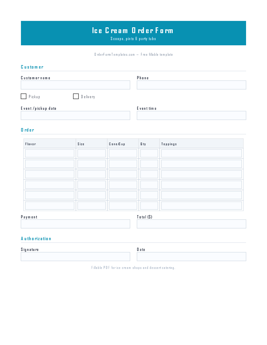Preview of Ice Cream Order Form Template (PDF/DOCX)
