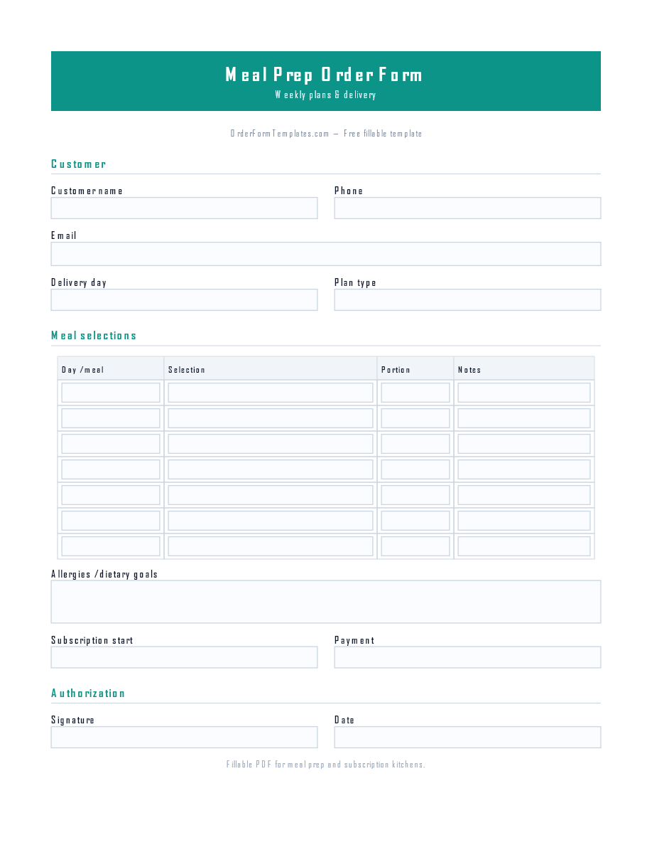 Preview of Meal Prep Order Form Template (PDF/DOCX)