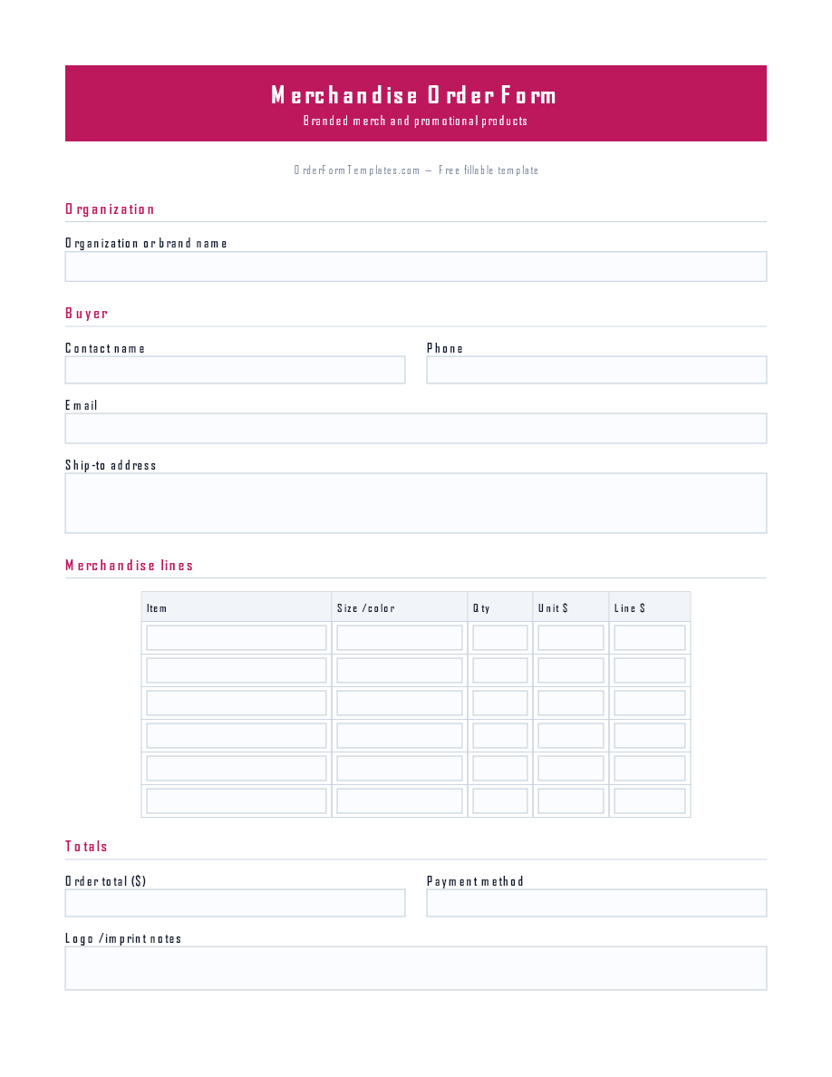 Preview of Merchandise Order Form Template (PDF/DOCX)