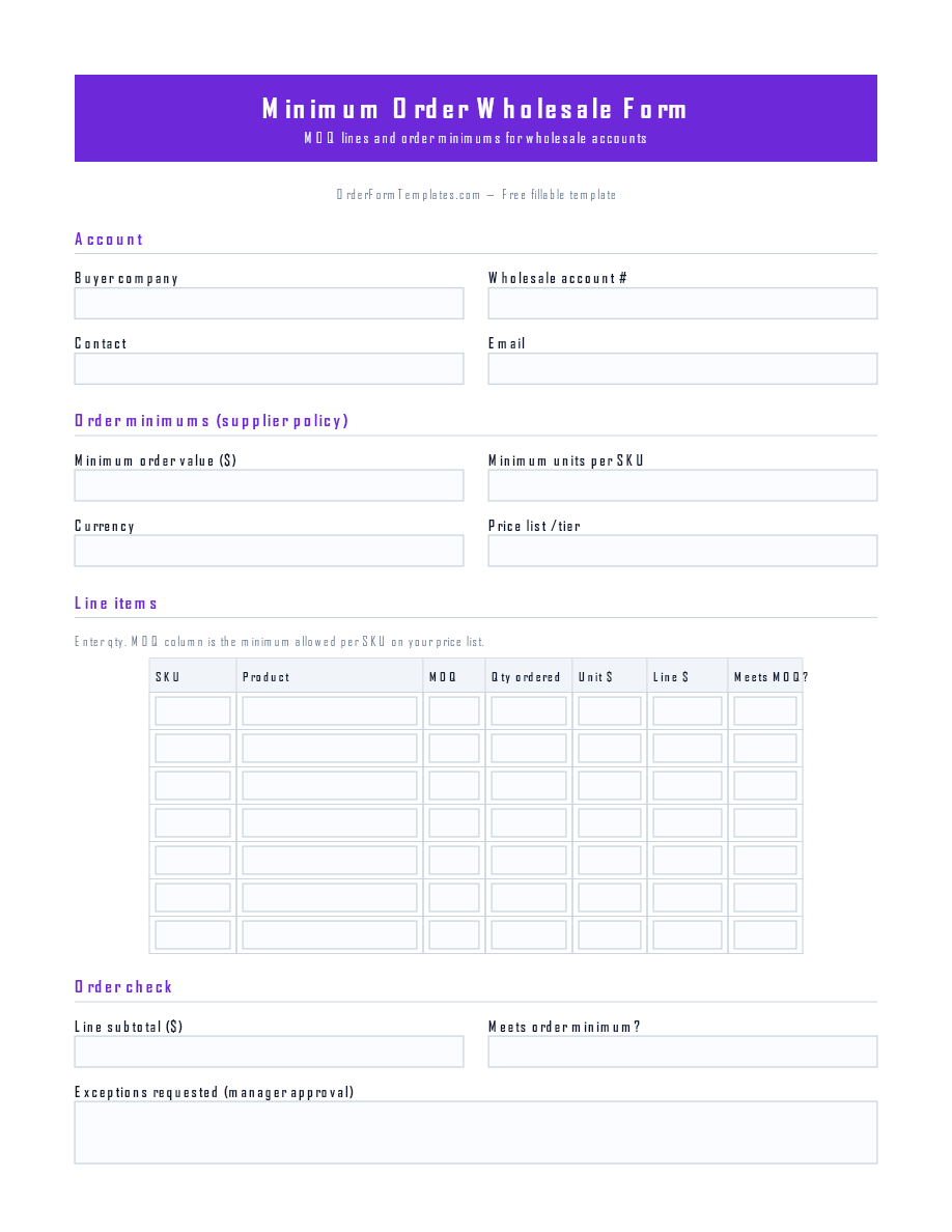 Preview of Minimum Order Wholesale Form Template (PDF/DOCX)