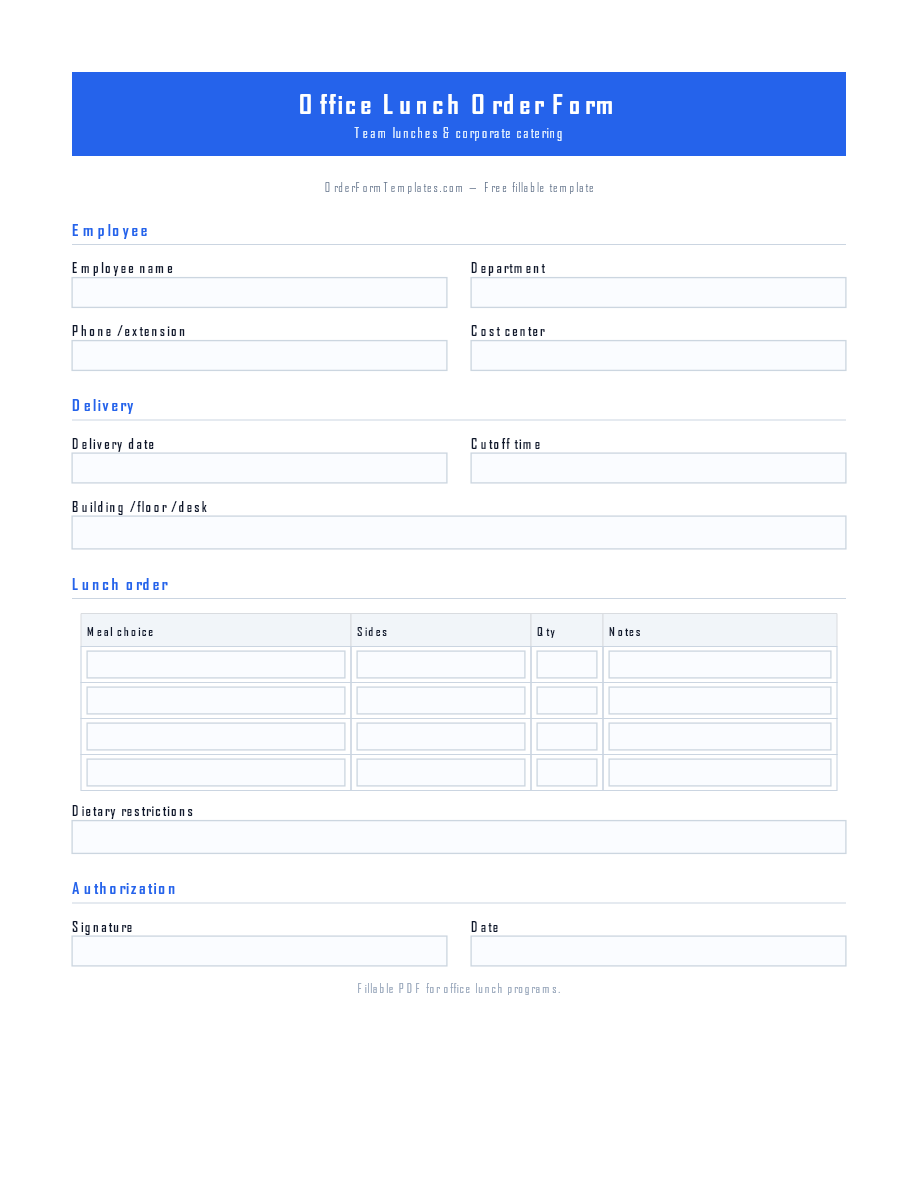 Preview of Office Lunch Order Form Template (PDF/DOCX)