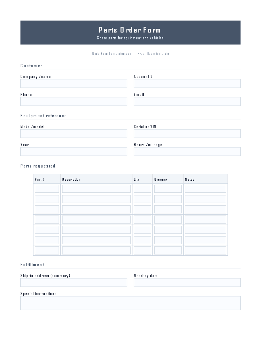 Preview of Parts Order Form Template (PDF/DOCX)