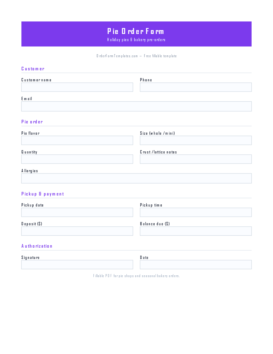 Preview of Pie Order Form Template (PDF/DOCX)