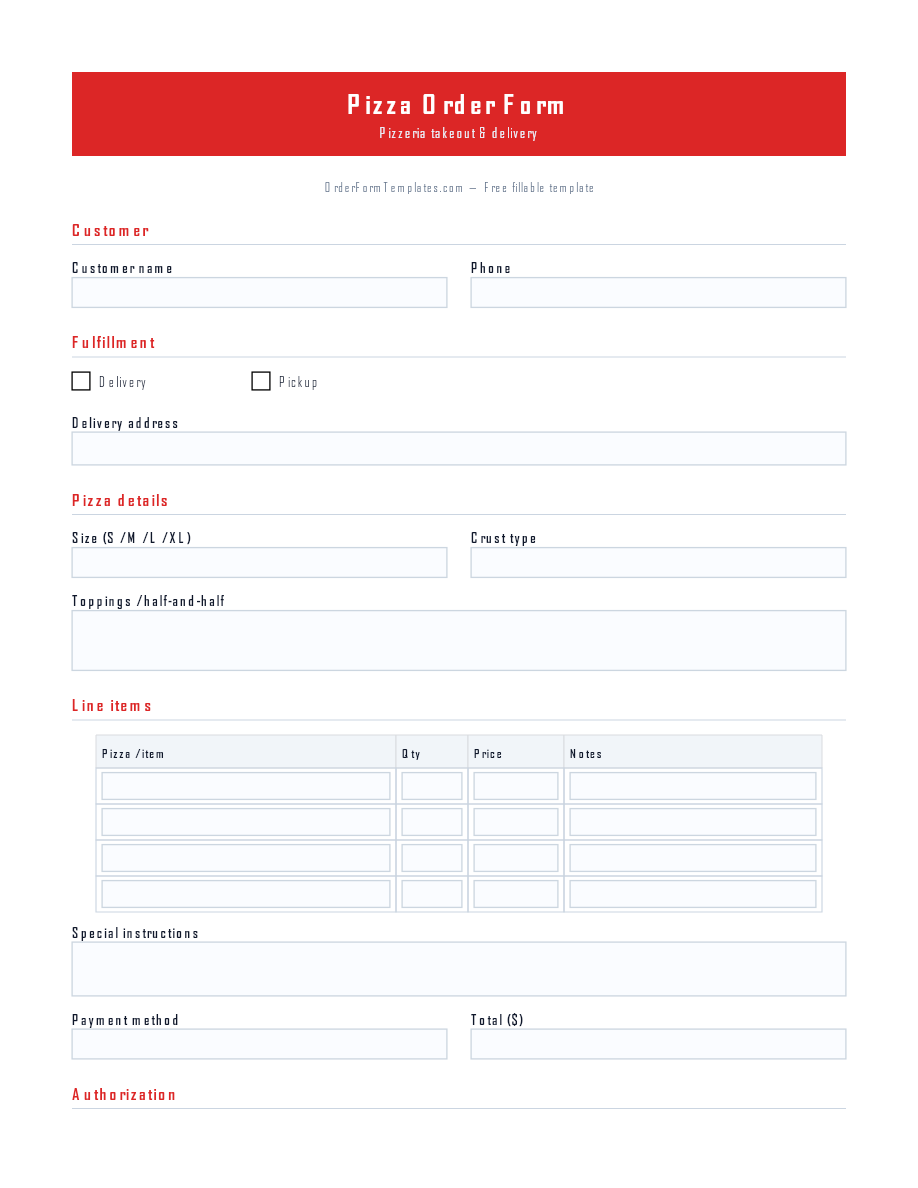 Preview of Pizza Order Form Template (PDF/DOCX)