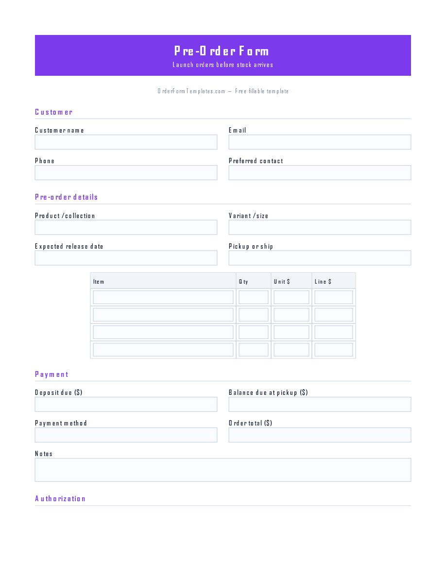 Preview of Pre-Order Form Template (PDF/DOCX)