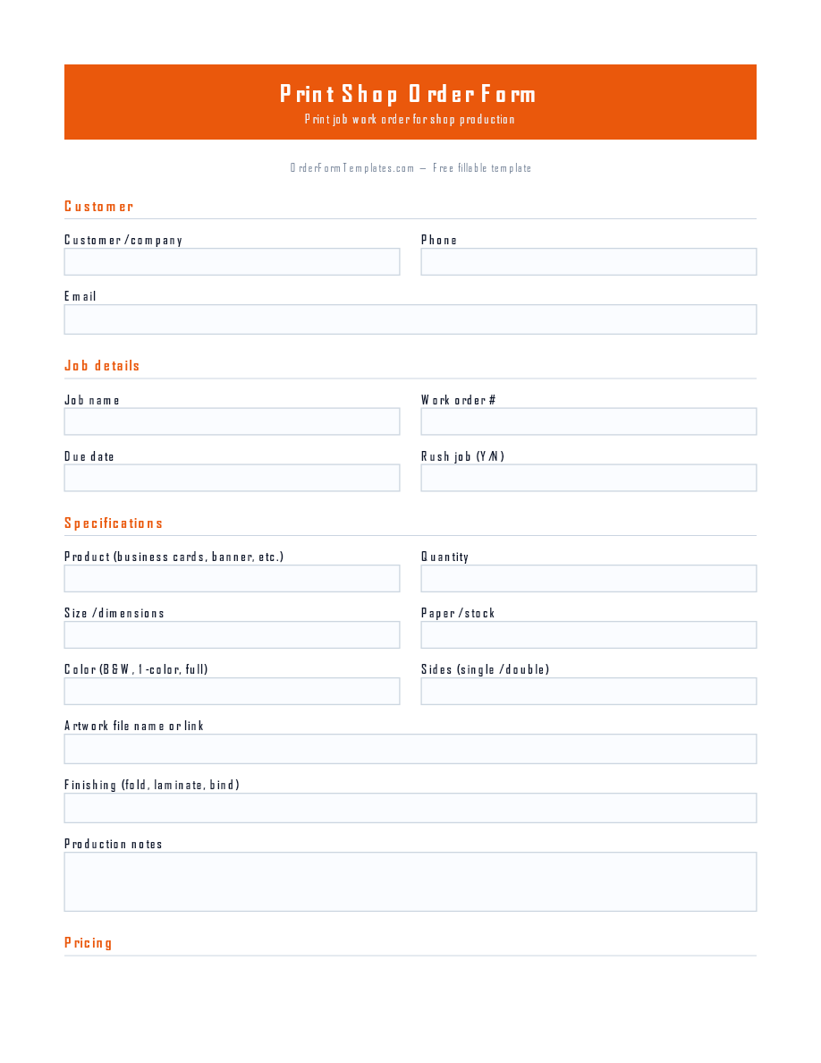 Preview of Print Shop Order Form Template (PDF/DOCX)