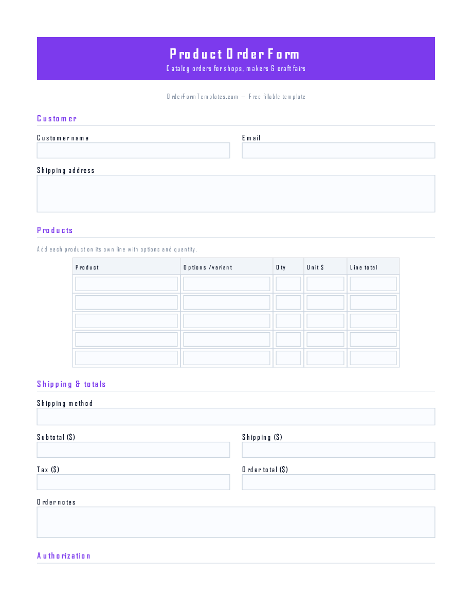 Preview of Product Order Form Template (PDF/DOCX)