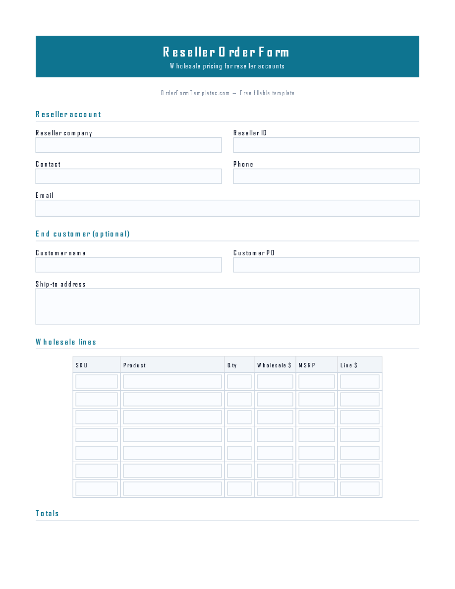 Preview of Reseller Order Form Template (PDF/DOCX)