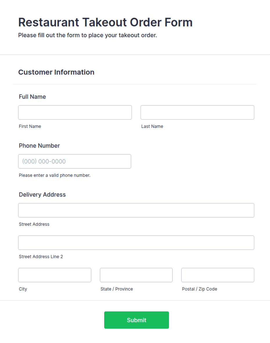 Preview of Restaurant Takeout Order Form Template