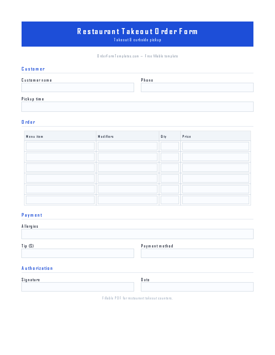 Preview of Restaurant Takeout Order Form Template (PDF/DOCX)
