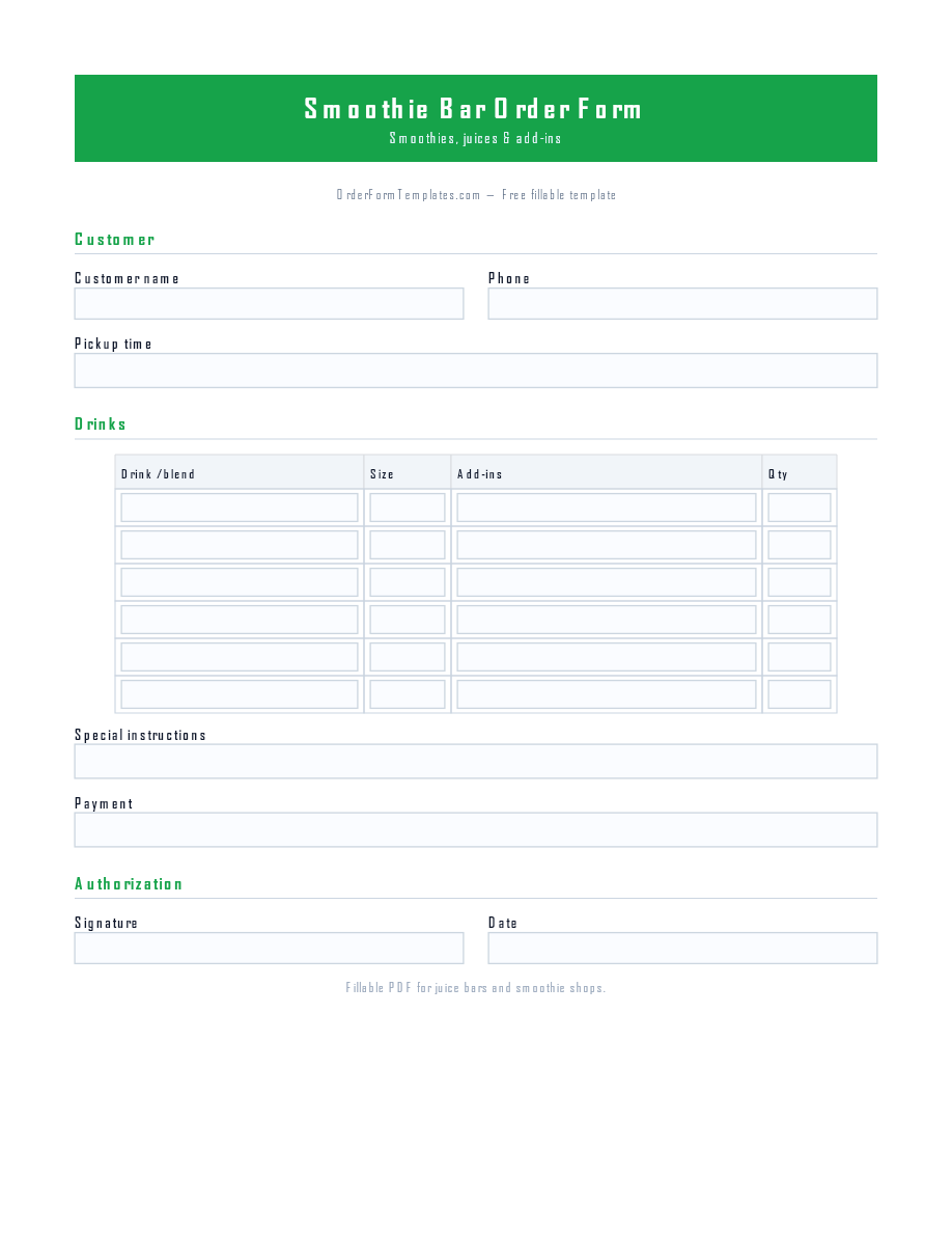 Preview of Smoothie Bar Order Form Template (PDF/DOCX)