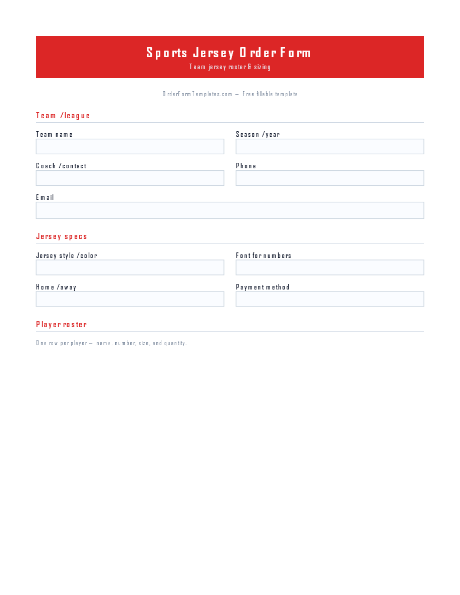 Preview of Sports Jersey Order Form Template (PDF/DOCX)