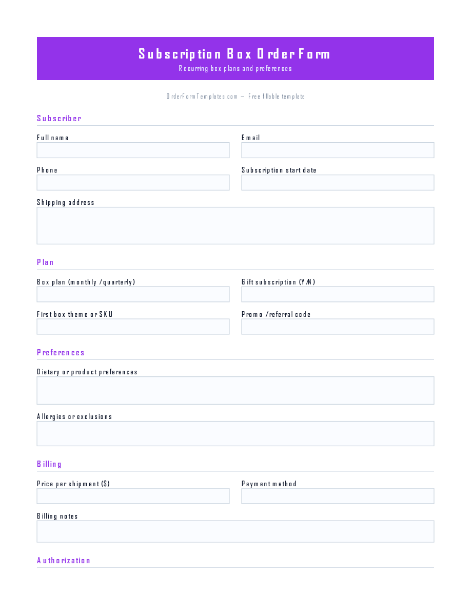 Preview of Subscription Box Order Form Template (PDF/DOCX)