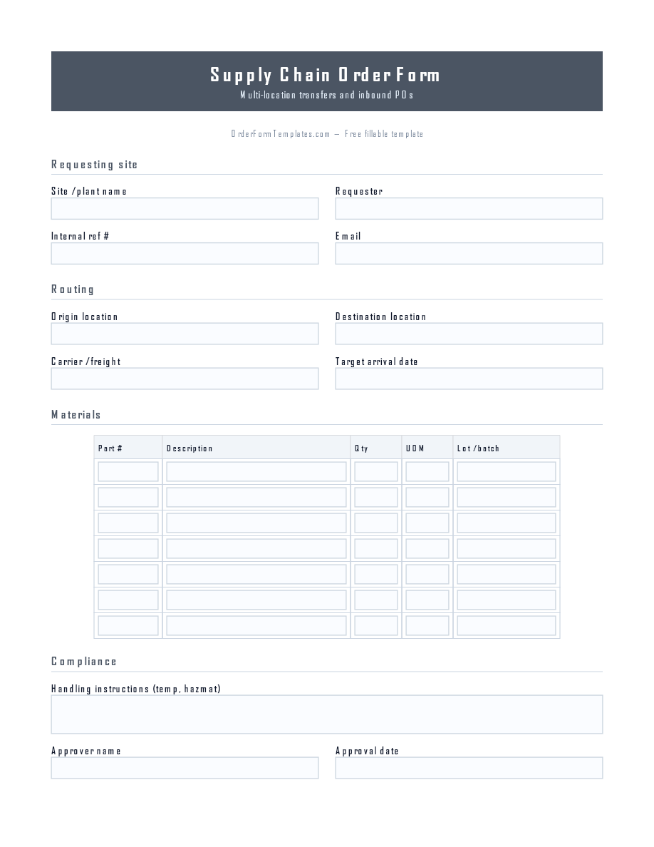 Preview of Supply Chain Order Form Template (PDF/DOCX)